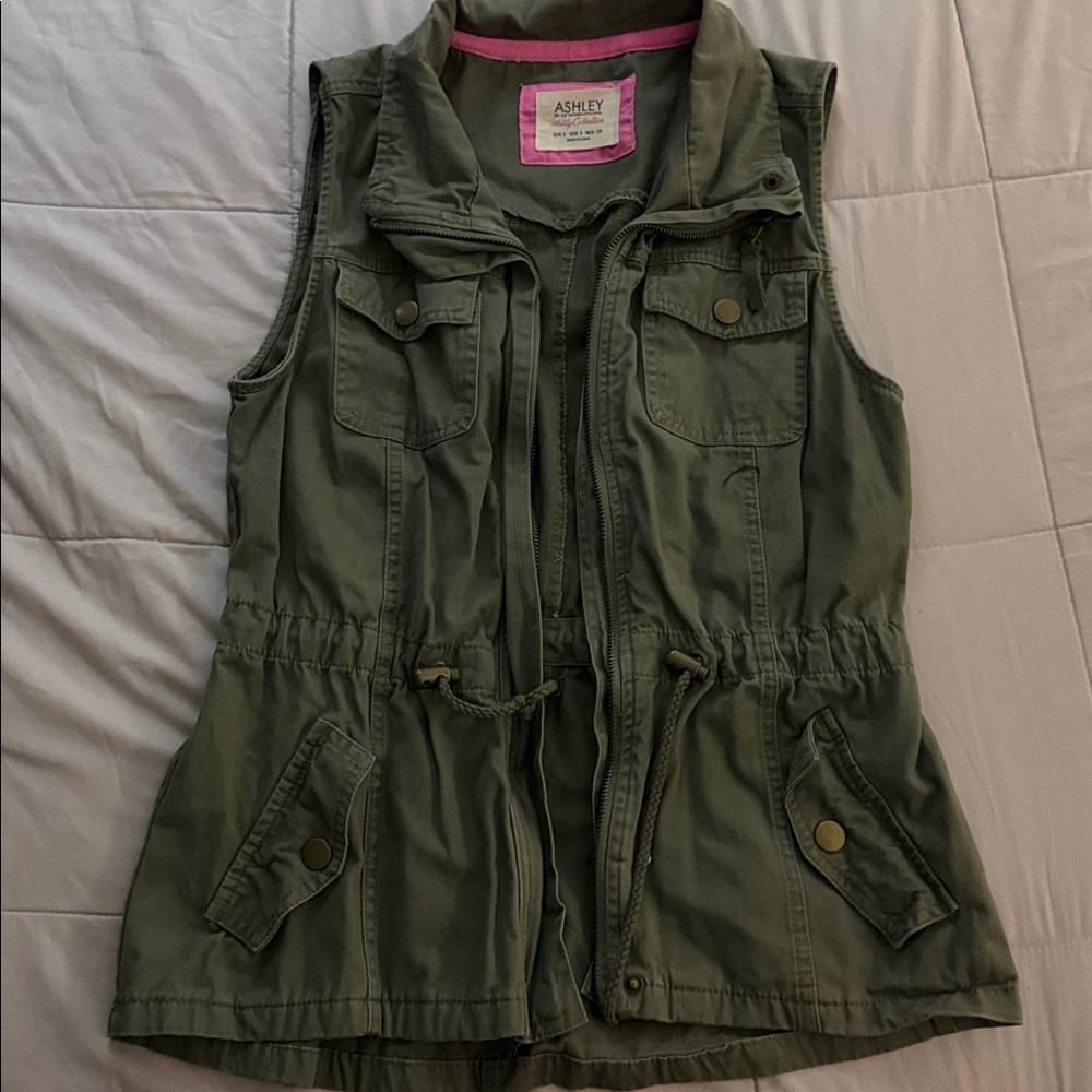 Ashley By 26 International Olive Green Vest with Pink Trim